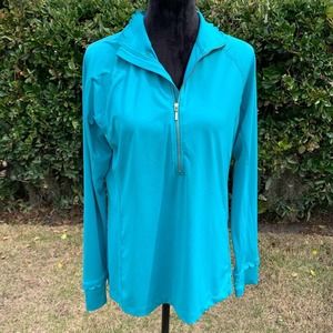 CROWN & IVY Scalloped Teal Swim Long Sleeve Top M